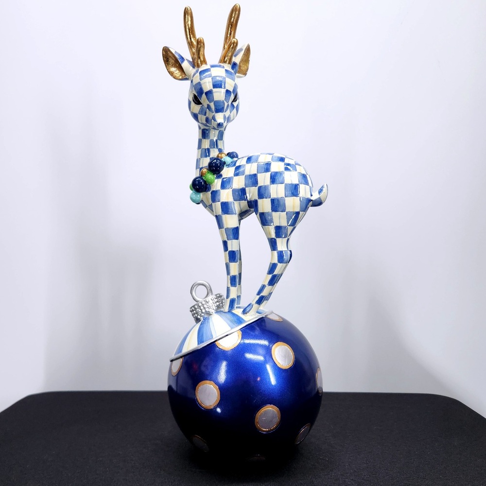 Mackenzie-Childs Royal Check Deary Deer on Ornament - Gold Antlers Holiday 16"